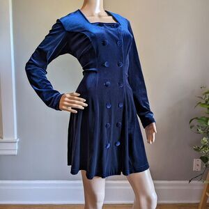 Vintage 90s Luly K Blue Velvet Mini Dress Double Breasted Whimisgoth Witchy 12